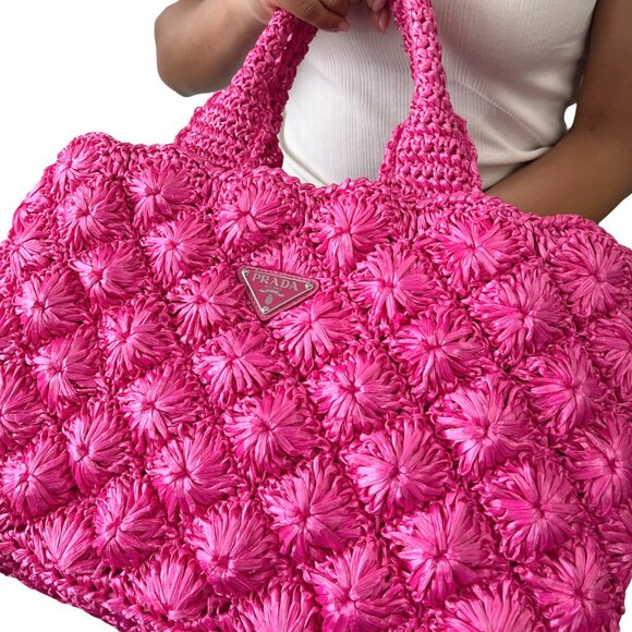 PRADA Vintage Triangle Logo Canapa Tote Bag Handbag Pink Raffia [106407] - Picture 4 of 16